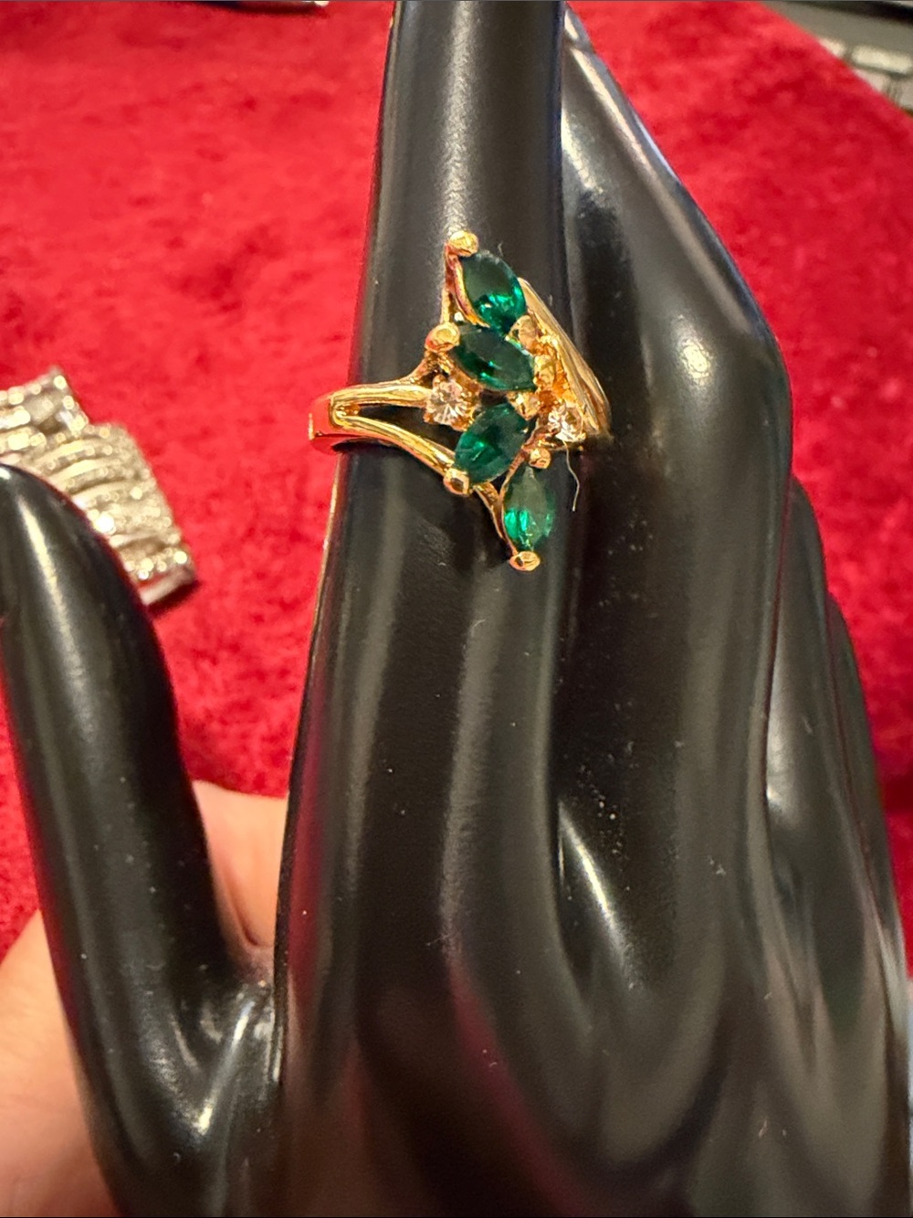 Gold Plated Ring with Green and clear Crystals size 6 unsigned costume